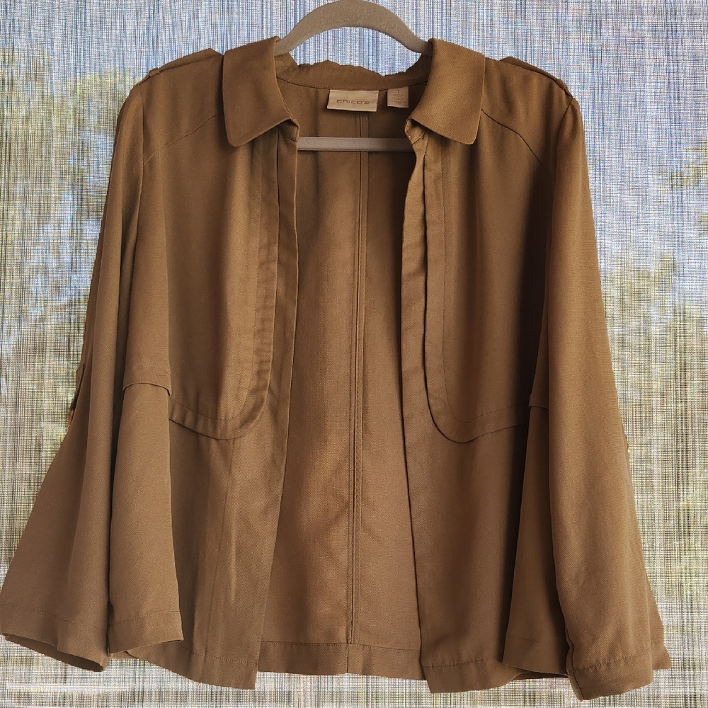 Chico's Tan Jacket with Classic Collar and Relaxed Fit Size M